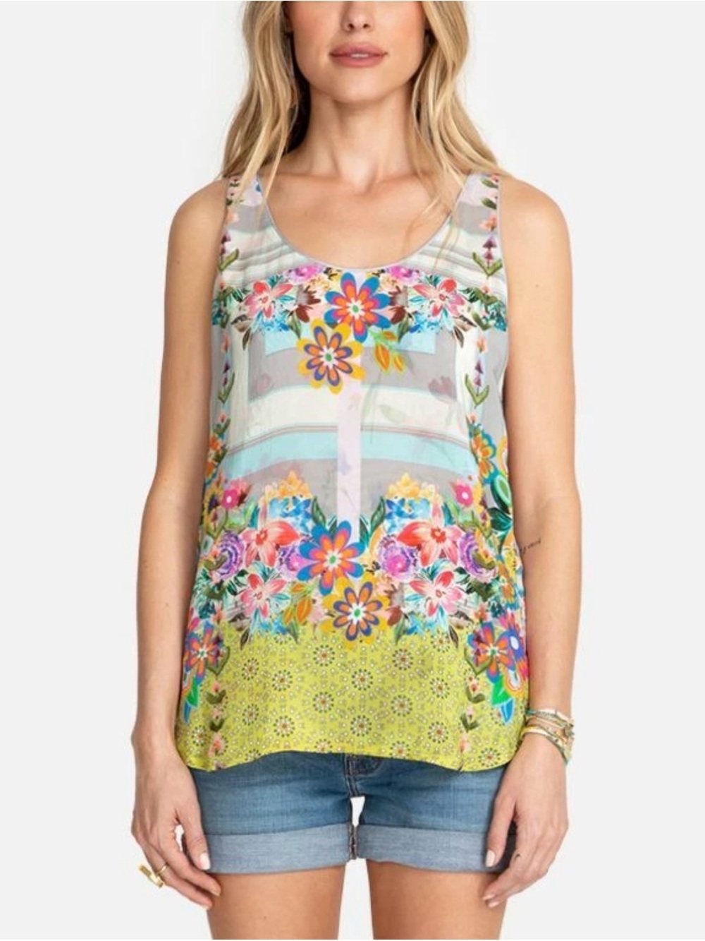 Johnny Was Tabitha Reversible Tank Top M Boho Halter Floral Stripe Rayon